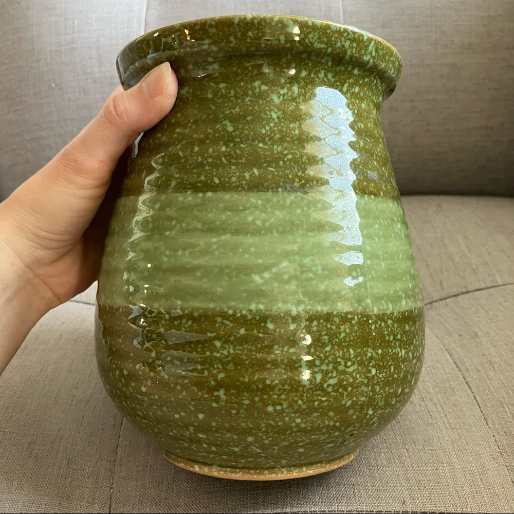 Mid Century green stoneware crock vase